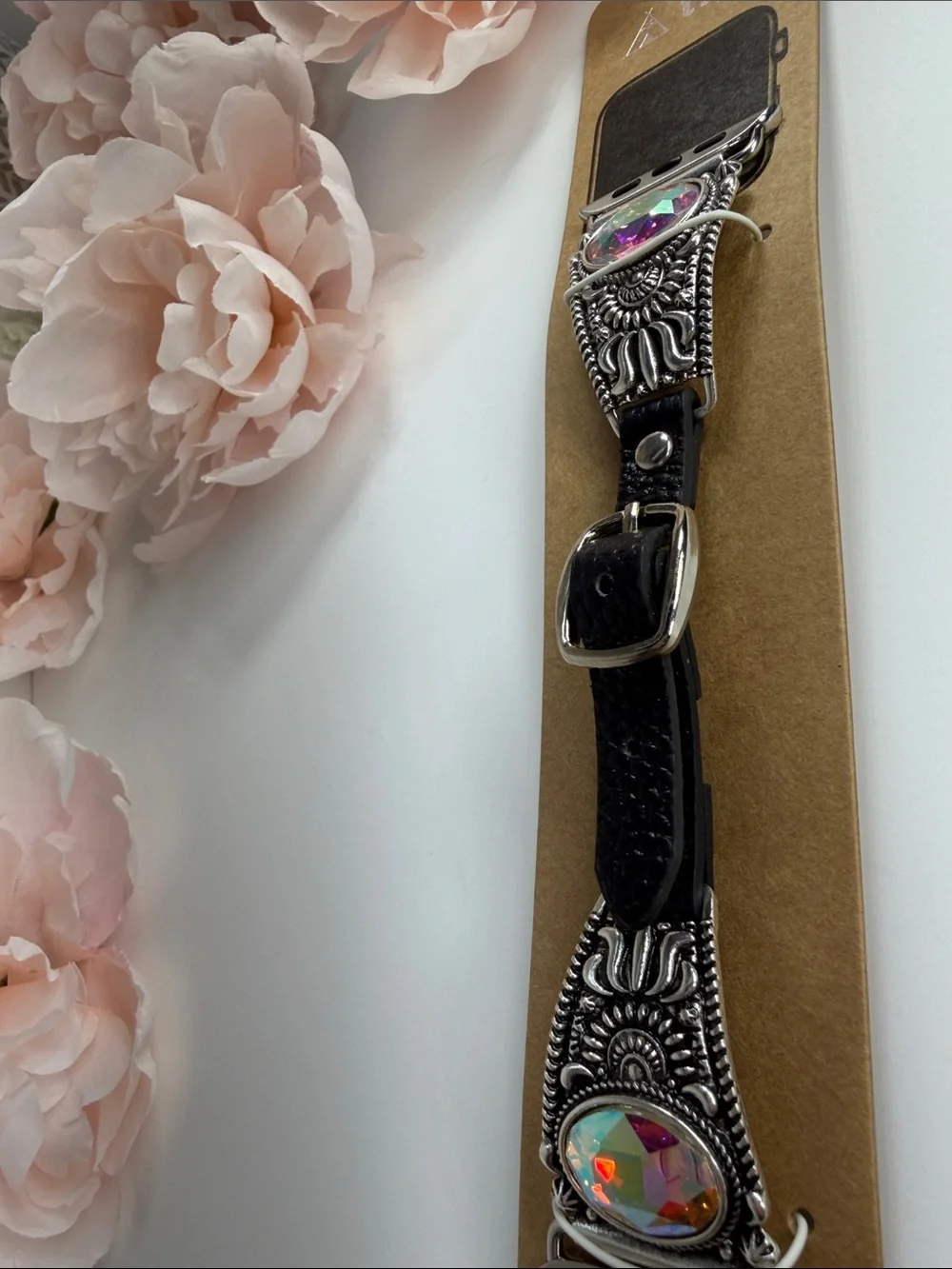 Black Leather Crystal Accent Watch Band for 42–45mm